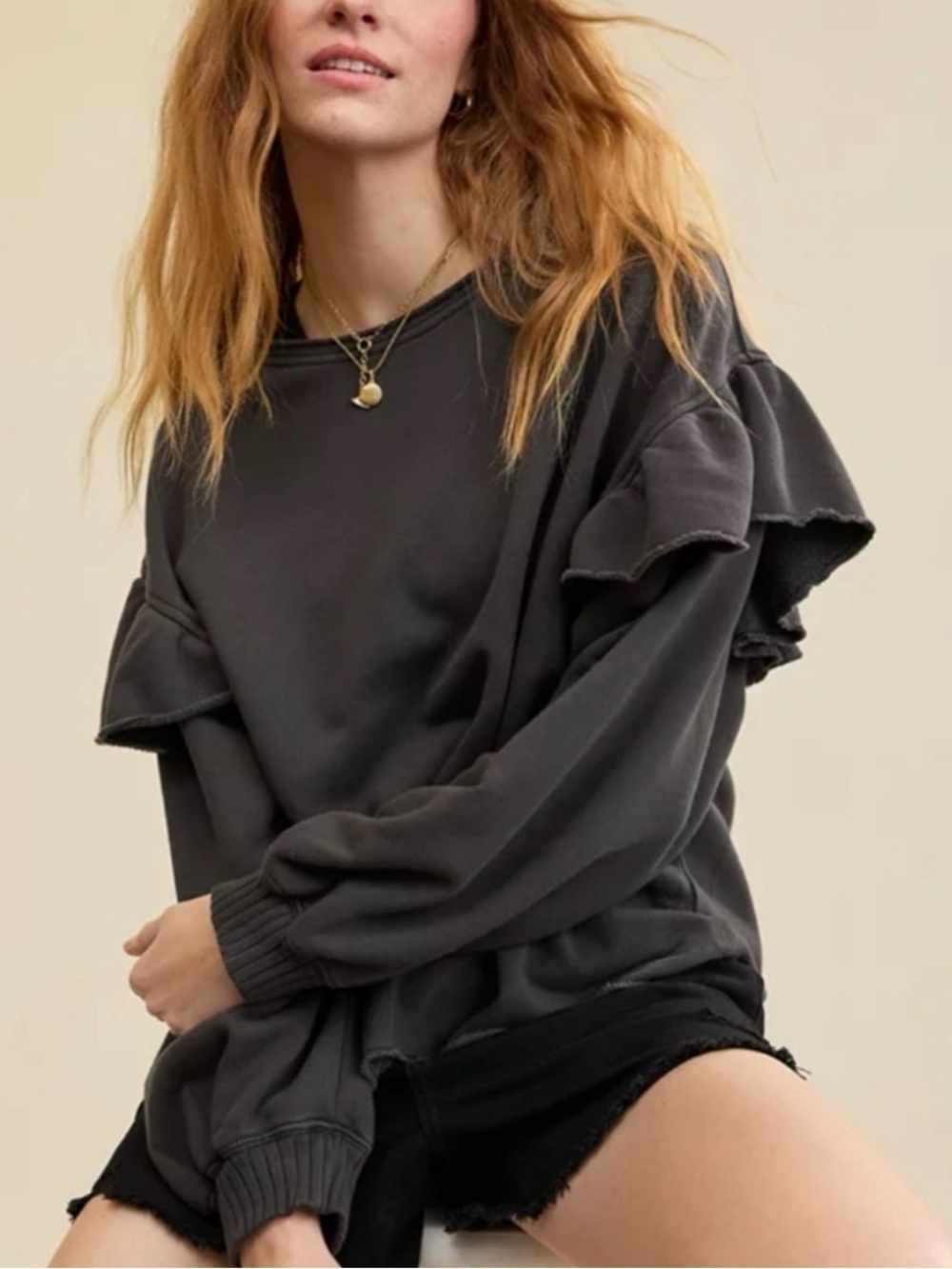 NWOT Aerie Women's Ruffle Sleeve Sweatshirt in Smoked Gray